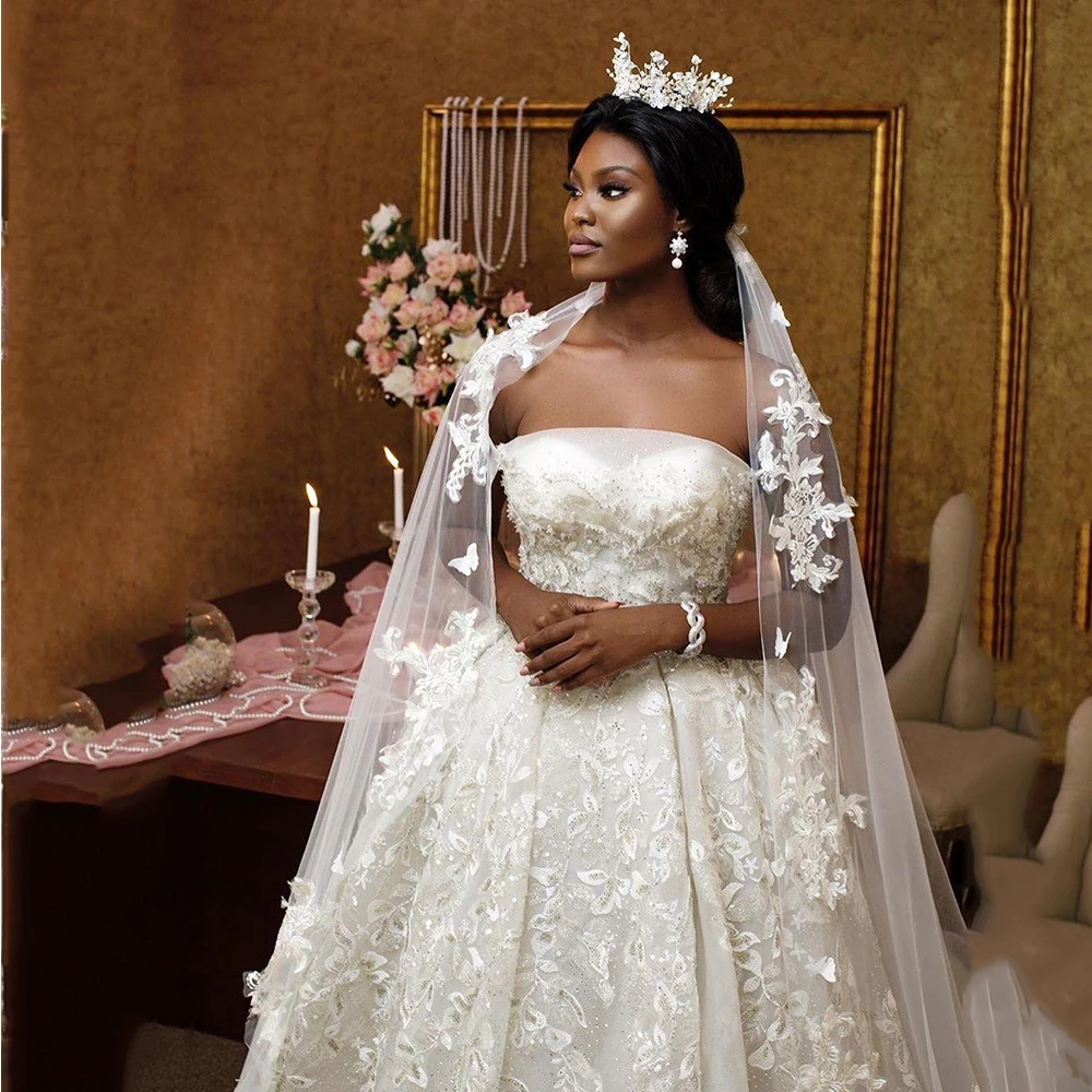 

Женское свадебное платье с бисером, элегантное ТРАПЕЦИЕВИДНОЕ кружевное платье без бретелек с вырезом, свадебное платье со шлейфом