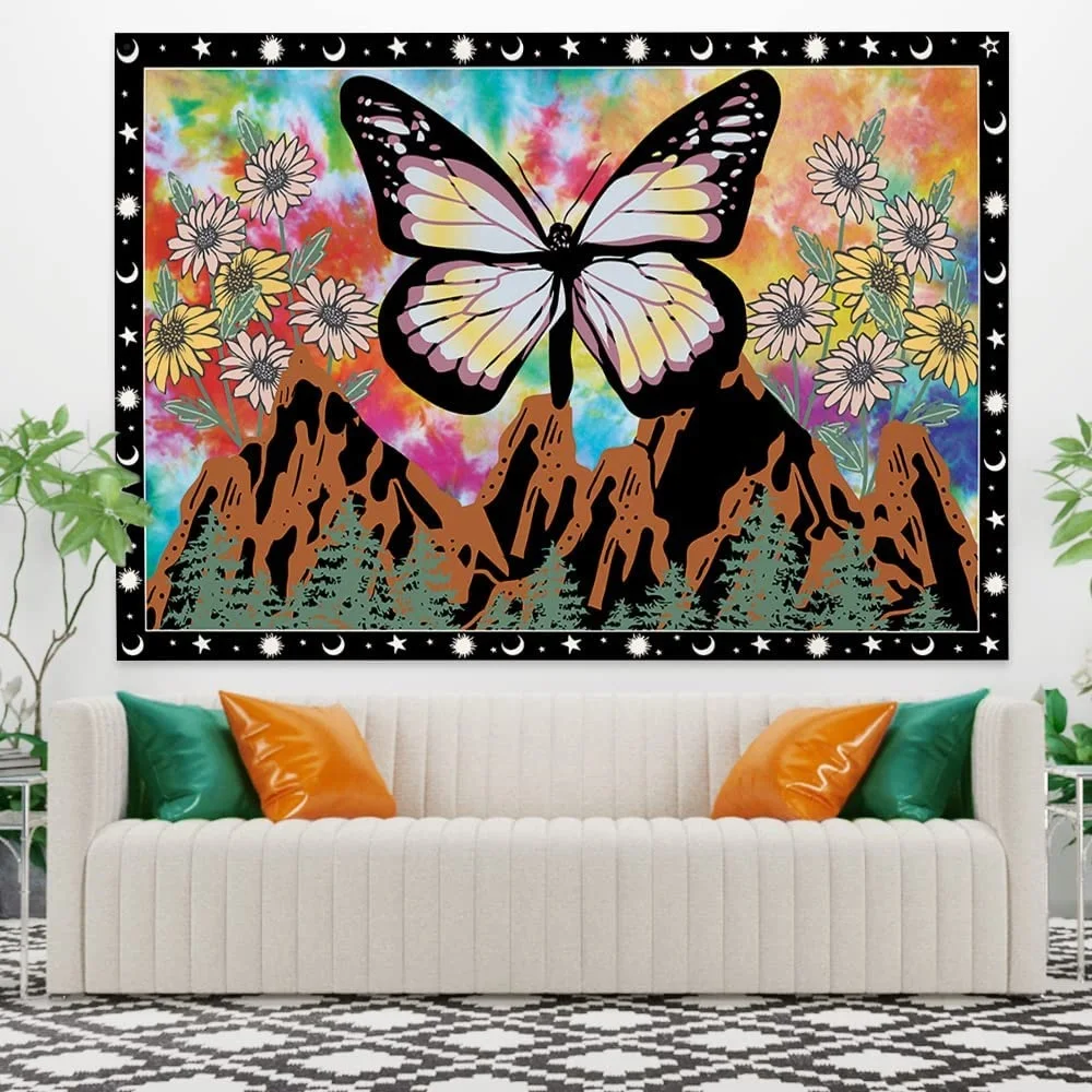 

Trippy Butterfly Wall Tapestry Mountain Daisy Watercolor Sunflowers Aesthetic Tapestries Living Bedroom Room Decor Wall Hanging