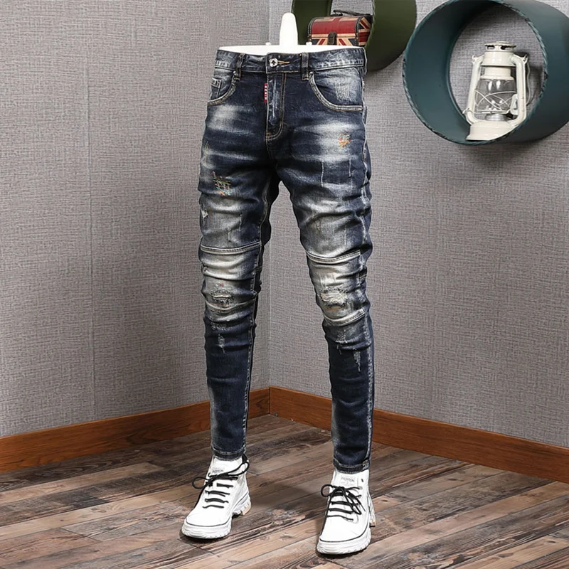 

Hip Denim Hop Elastic Streetwear Black Pants Fit Embroidery Ripped Spliced Retro Slim Jeans Jeans Men Designer Men Fashion Blue