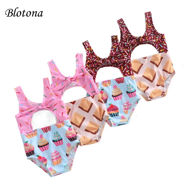 

Blotona Kids Baby Girls Bodusuit Swimsuits, Biscuit/Cake Print Sleeveless V-neck Cutout Bathing Suit Swimwear, 1-6Years