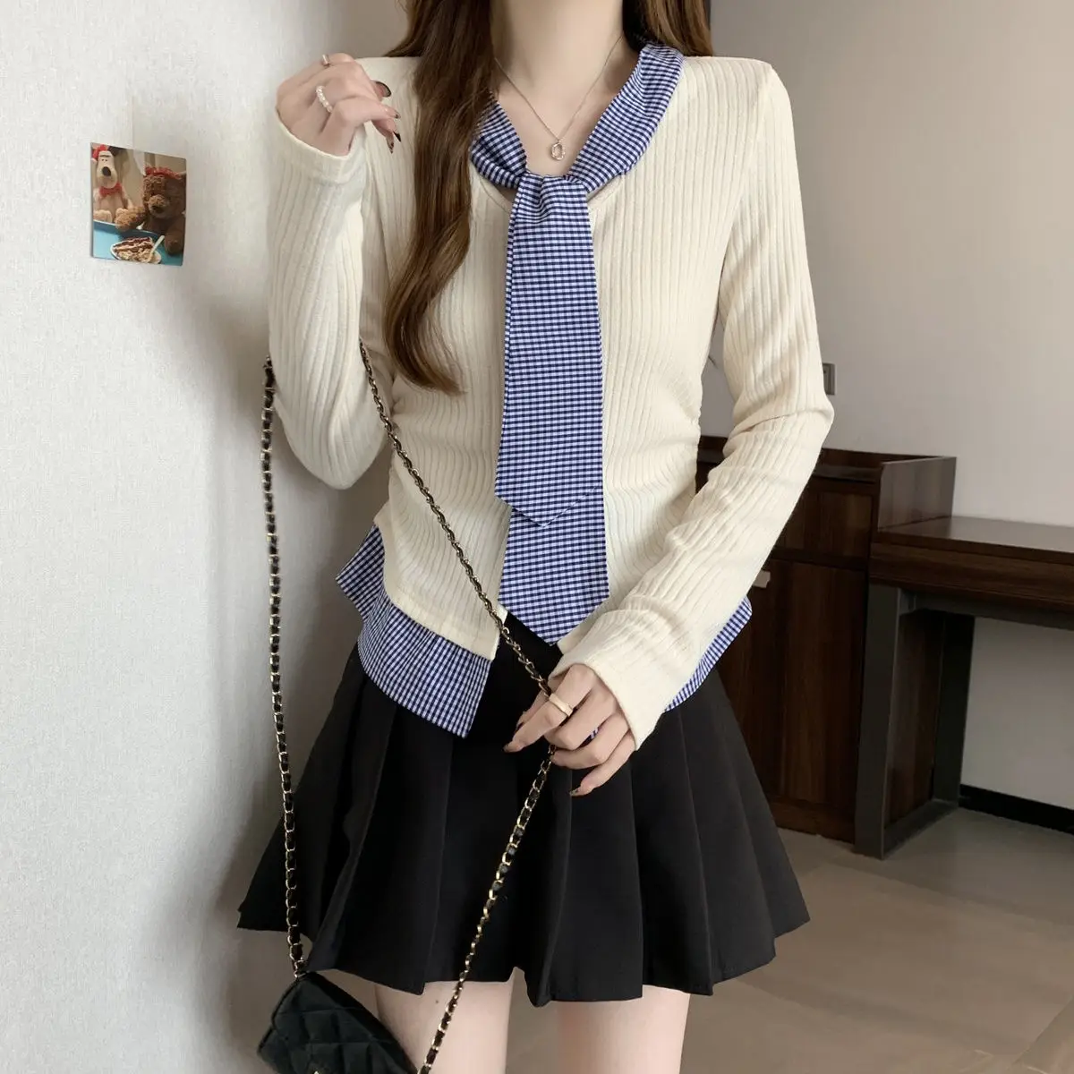 Женский трикотажный топ с длинным рукавом Облегающая рубашка в Корейском стиле