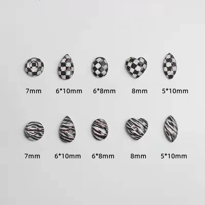 

100pcs Black White Plaid Nail Charm(Heart;Oral;Drop...)Zebra-Stripe Chess Checker Rhinestone DIY Nail Resin Decoration #5-10MM