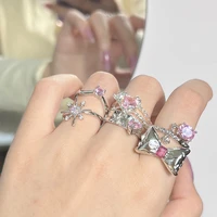 sweet korean temperament pink color finger rings popular style geometric silvery color zircon rings for women gifts