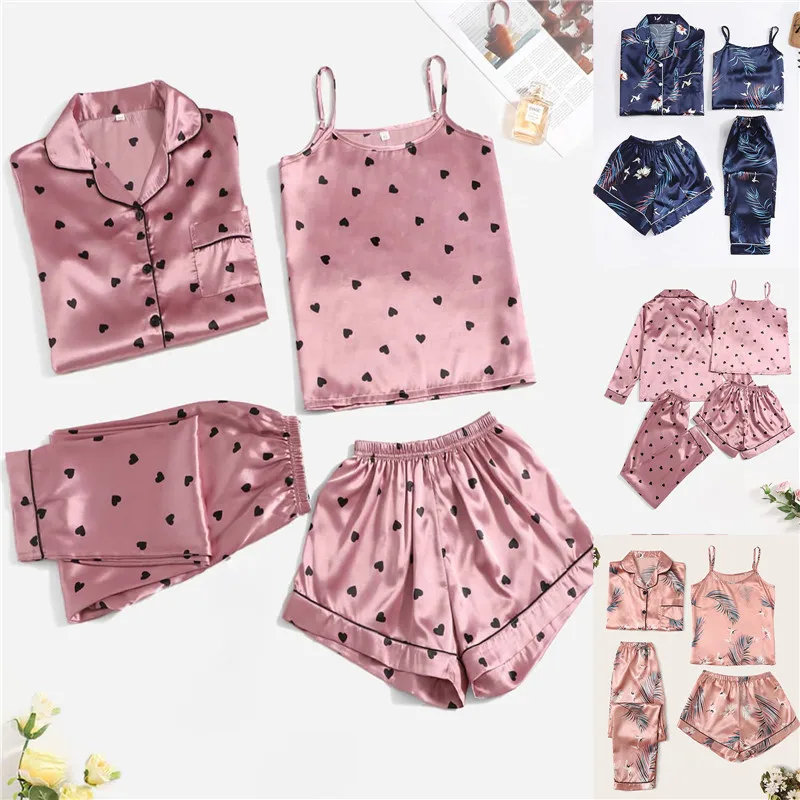 

4 Pieces Pajama Set For Women Sleepwear Set Faux Silk Stain Nightwear Fashion Comfortable Sexy Sling Shorts Printed Home Clothes
