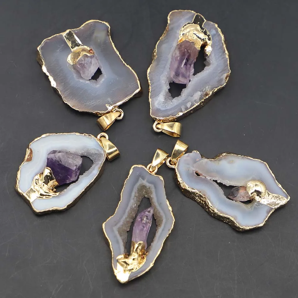 

Selling Natural Stone Irregular Agate Pendant Druzy Amethyst Necklace Charm Energy Healing Chakra Fashion Exquisite Jewelry 3Pcs