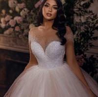 romantic scoop button puffy wedding dress 2022 custom luxurious full sleeve beaded crystal princess bride gowns vestidos noiva