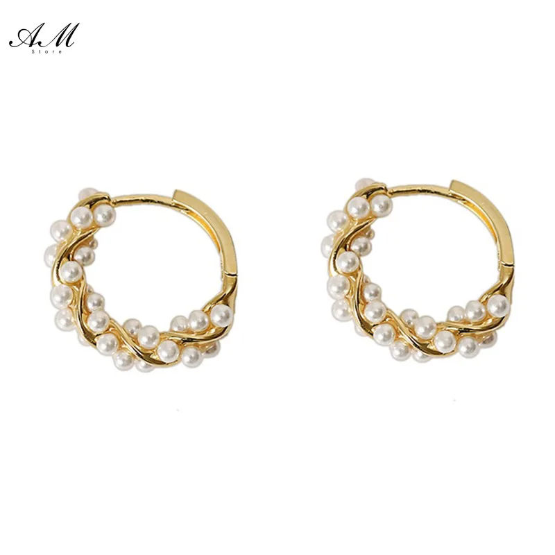 Винтажные круглые серьги-кольца для женщин золотые жемчужные витые серьги
