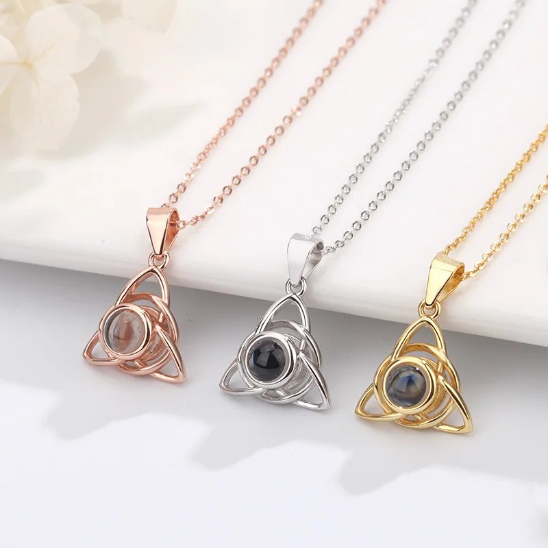 Custon Photo Necklace For Women S925 Silver Hollow Triangle Jewelry 100 Languages I Love You Projection Pendant Gift