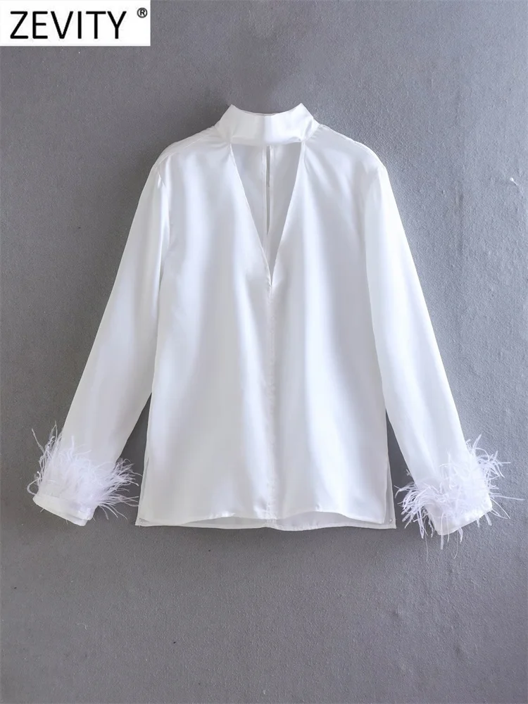 

Zevity Женская мода, V-образный вырез, перья, дизайнерская белая атласная блузка, женская рубашка с бантом сзади, шикарные блузки, топы LS2293