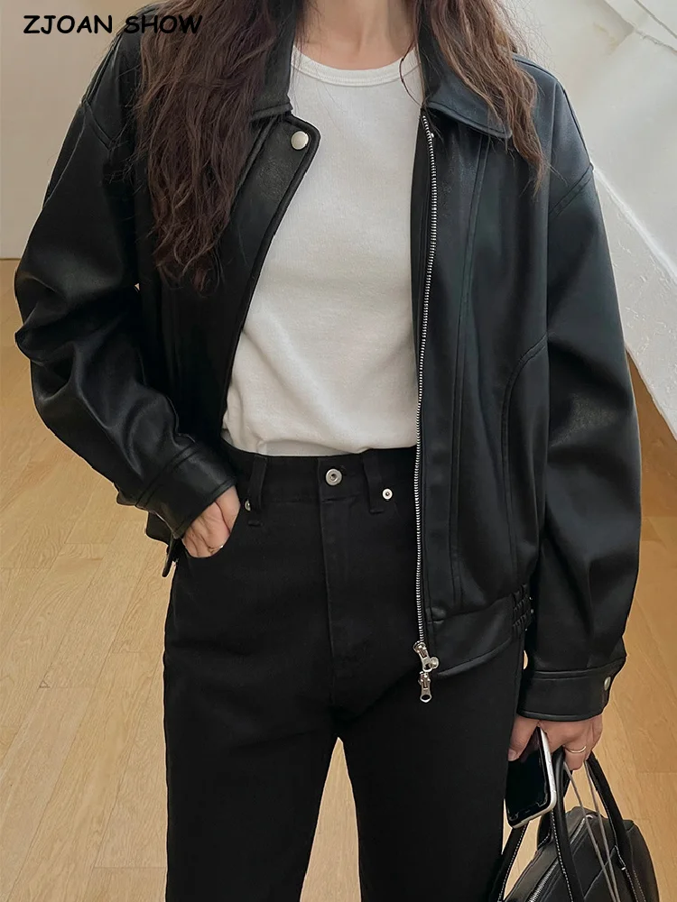 

2023 Y2K COOL Women Lapel Leather Jacket Vintage Elastic Hem Long Sleeve Cropped Coat Loose Short Outwear Black Blue