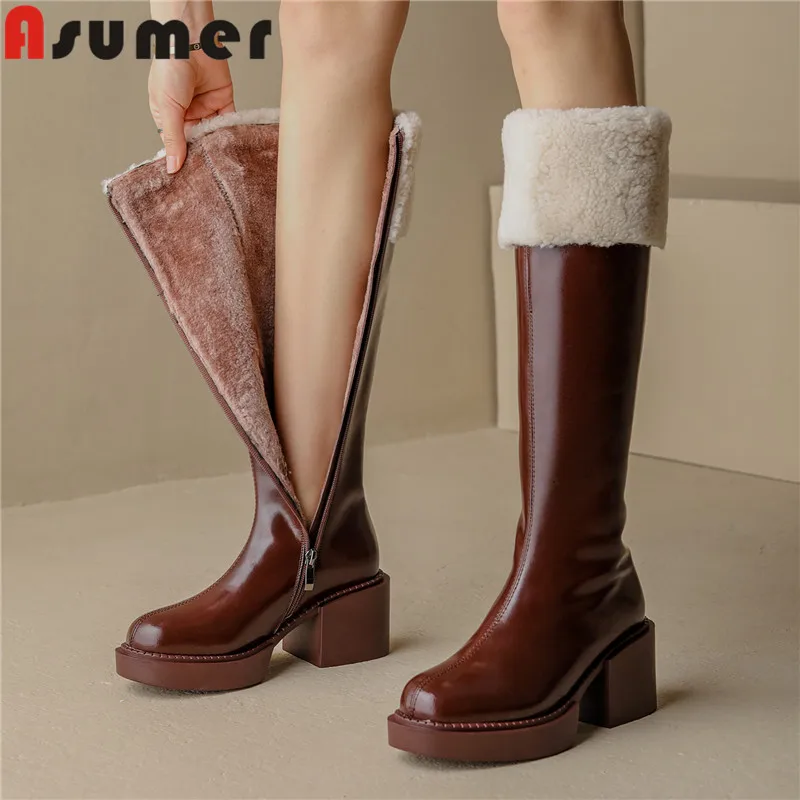 

ASUMER 2023 New Size 34-41 Genuine Leather Zipper Winter Boots Woman Solid Thick Plush Snow Boots Fashion Ladies Knee High Boots