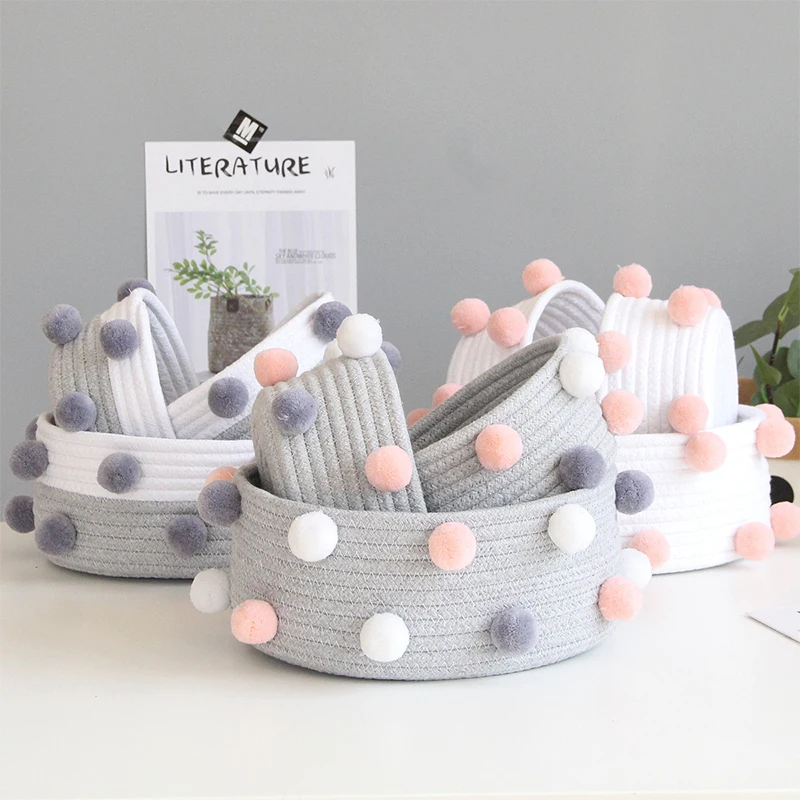 

Pom Pom Woven Cotton Rope Storage Baskets Kids Toys Desktop Sundries Organizer Dirty Clothes Laundry Basket Multifunctional