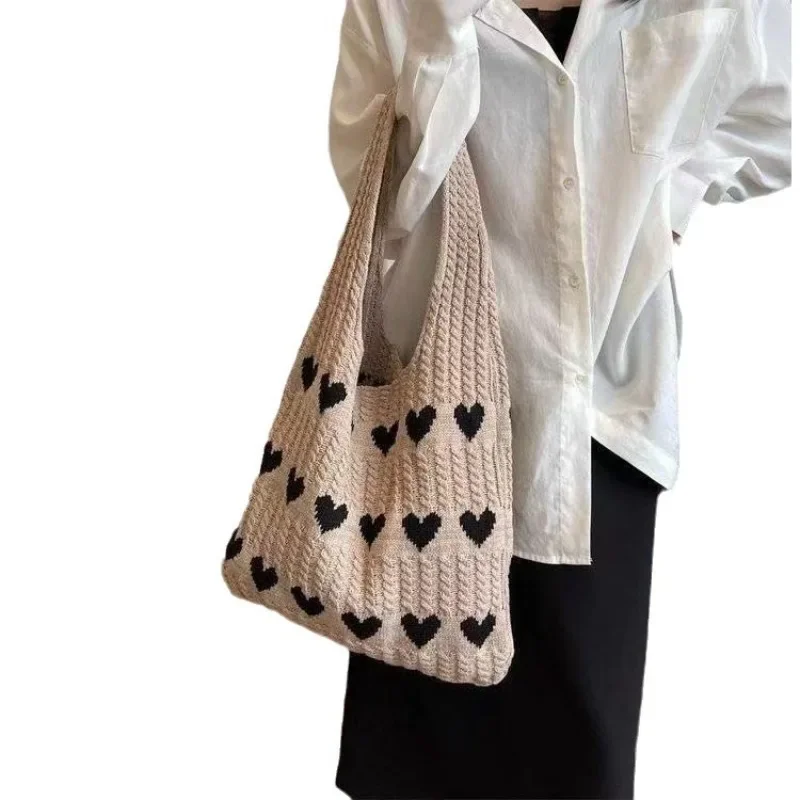 

Youda New Wool Fabric Shoulder Bag for Women Simple Knitting Heart Pattern Handbag Large Casual Capacity Shopping Tote Bags