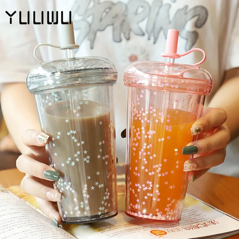 

420ML Glitter Water Bottle Double Layer Tumbler with Straw Water Bottles for Girls Milk Cup Drinkware Leakproof Bottle Gourde