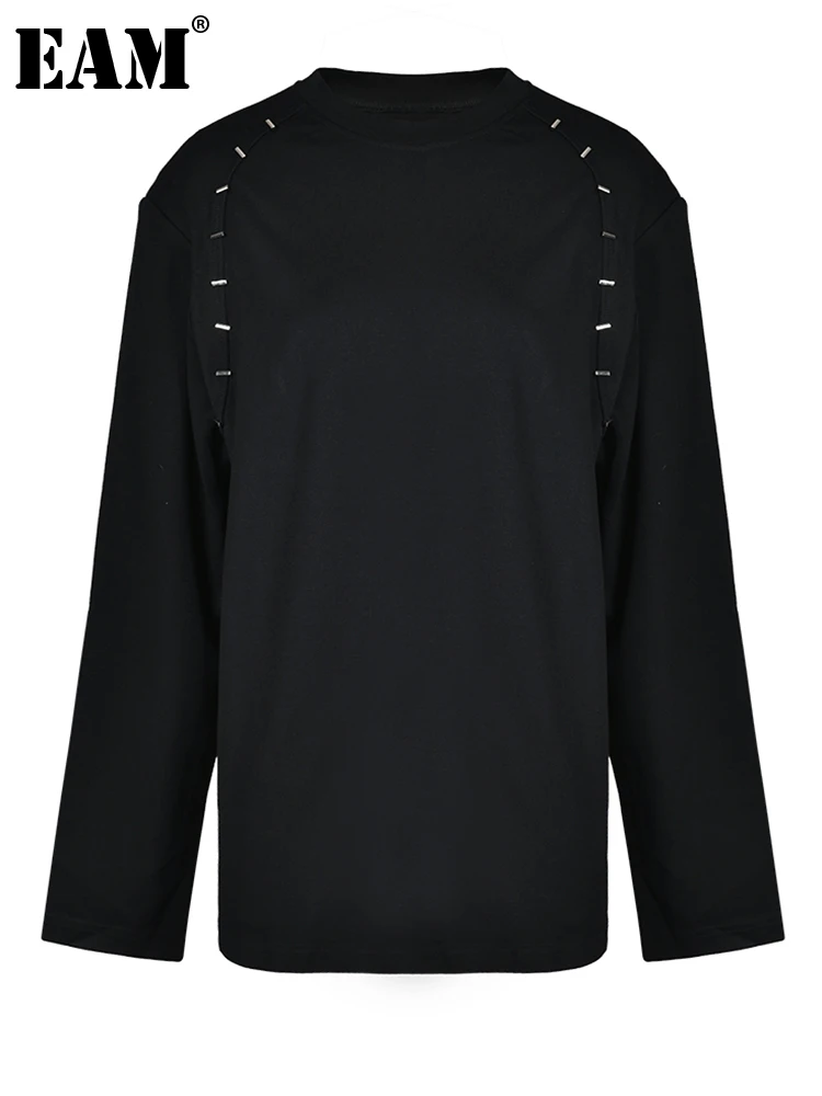 

[EAM] Женская Черная Повседневная футболка большого размера с металлическими вставками, новая модная футболка с круглым вырезом и длинными рукавами, весна-осень 2023, CPG0391