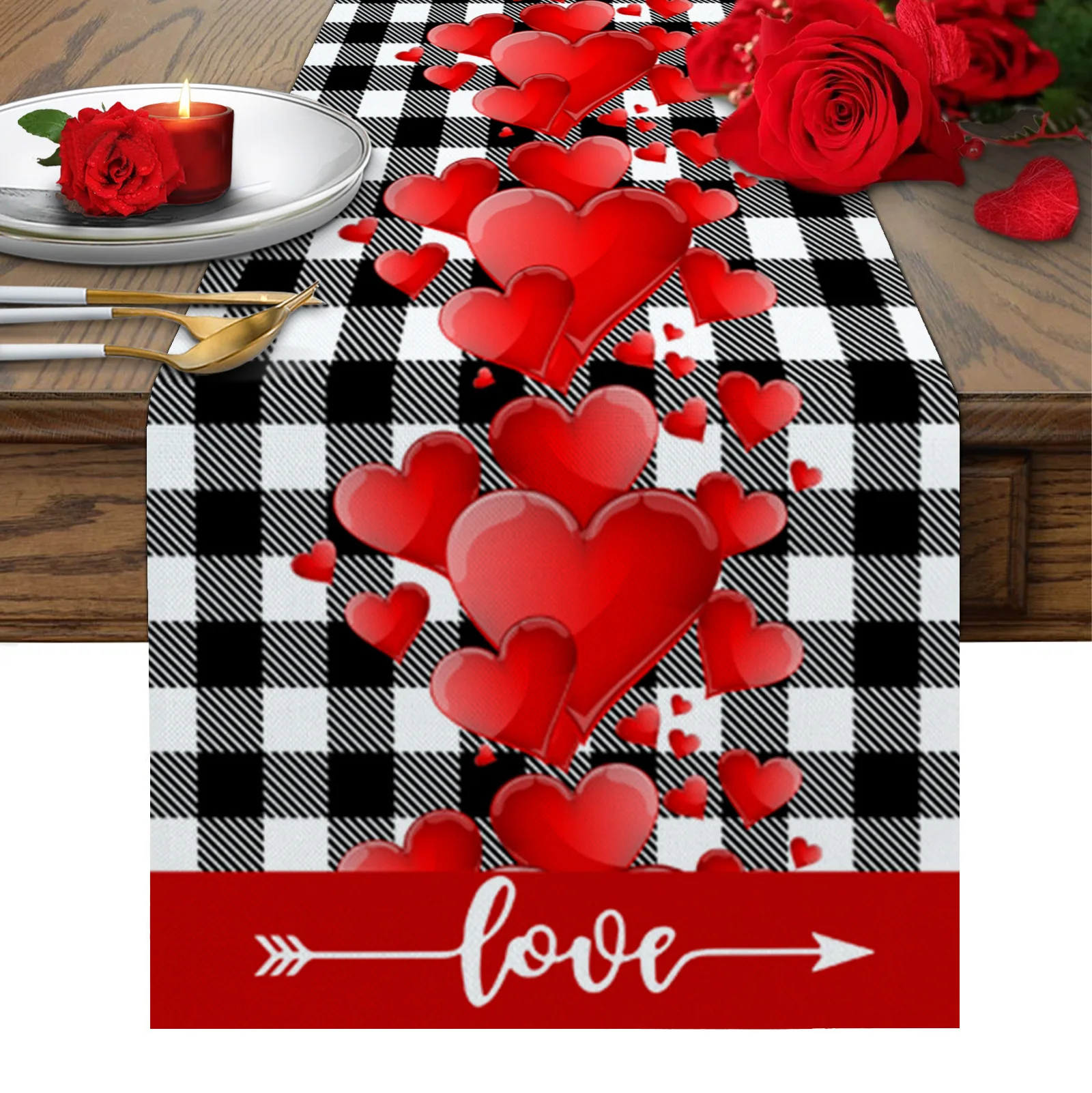 

Red Love Heart Black And White Plaid Table Runner Luxury Wedding Decor Table Cover Holiday Home Ornament Dinner Tablecloth