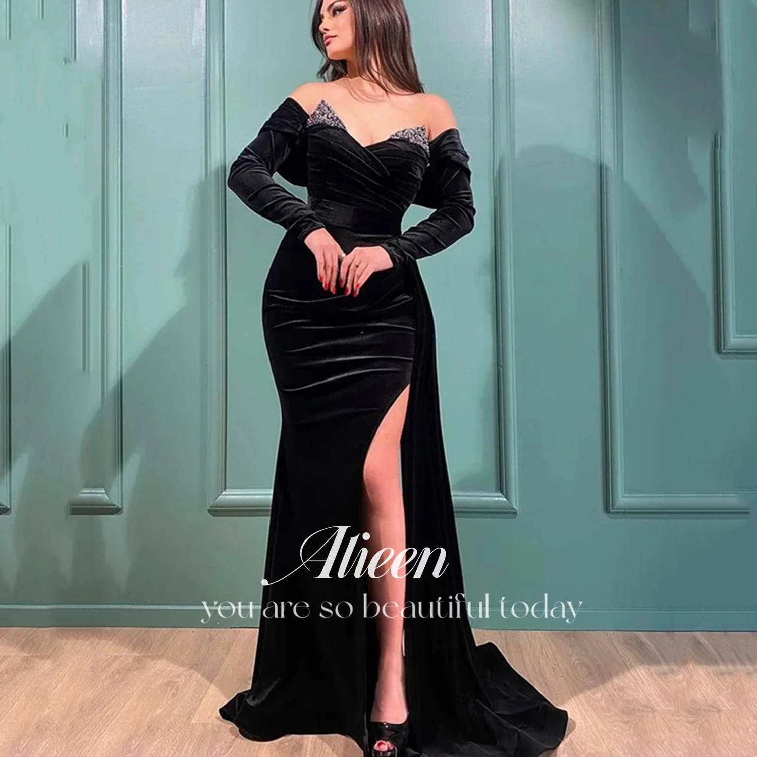 

Aileen Black Mermaid Evening Dresses Velour Off The Shoulder Arabia Party Dresses Floor Length Vestidos De Noche Robe De Soire