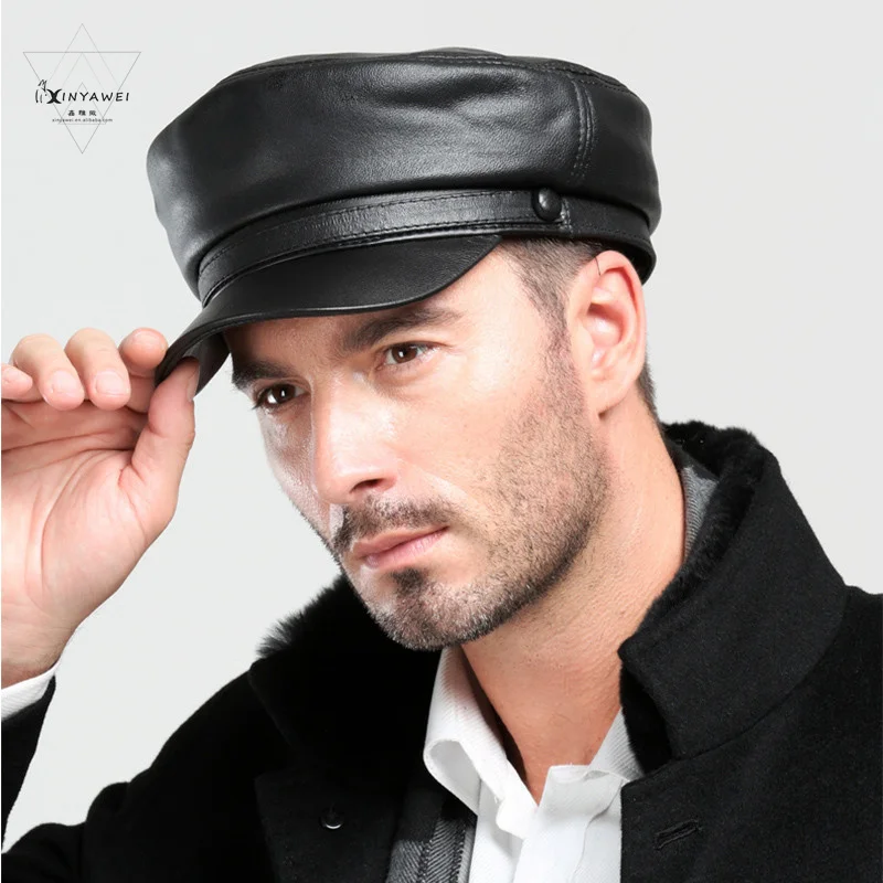 

2022 New Fasion Men"s Military Hat Trends Fall Winter PU Materials British Retro Style Army Cap For Men Black Service Cap Hats