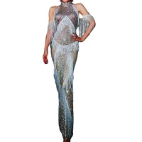 shining silver tassel long dresses sparkling rhinestones women dresses party show performance stage wear evening prom outfit