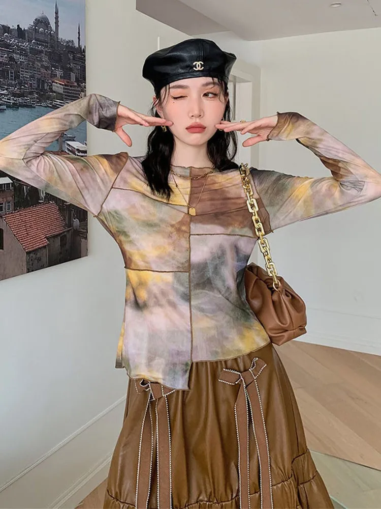 Yedinas сетчатые топы с асимметричным подолом Женская Прозрачная Футболка