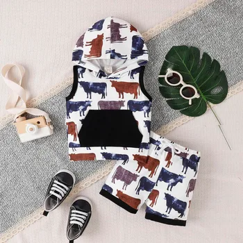 Toddler Boys Sleeveless Cartoon Cow Prints Hooded T Shirt Vest Tops Shorts Outfits Kids Sweatsuit Baby Boys Clothing 1 2 3 Years 1