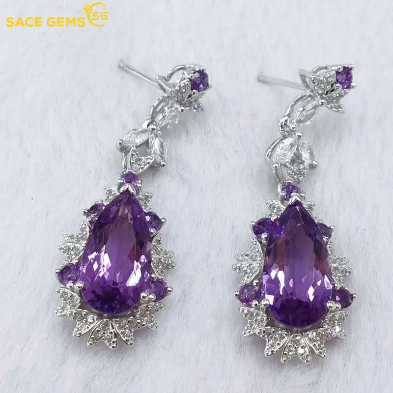 SACE GEMS 2022 Trend 925 Sterling Silver Natual Amethyst Gemstone Big Drop Earrings for Women Cocktail Party Fine Jewelry Giift