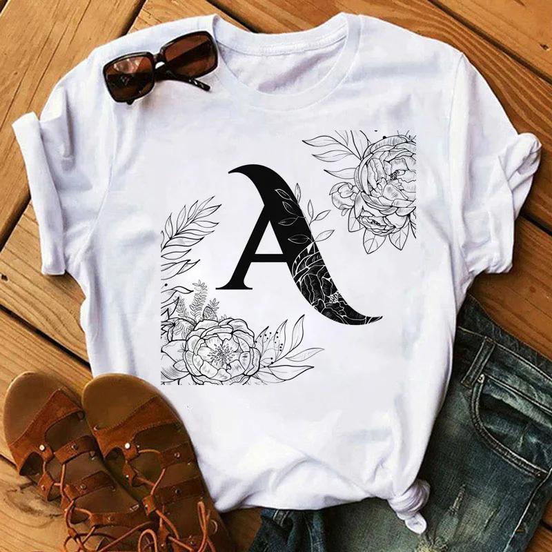 

T Shirt Women Fashion T Shirt Flower Alphabet Print Tee Shirts Female Ladies Harajuku Simple Design Cute Graphic Tops Tee Shirt