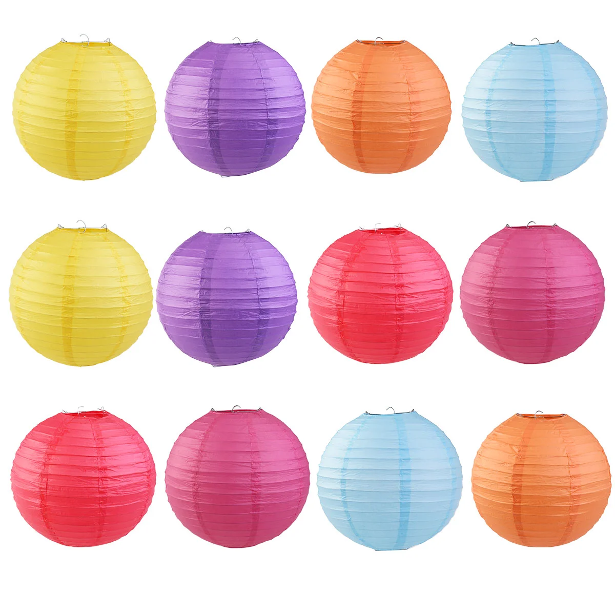 

12pcs 6-color 12-inch Round Paper Lanterns with Wire Ribbing