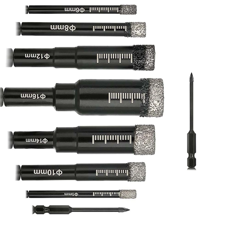 

AT14 7Pcs Dry Diamond Drill Bits And 2Pcs Concrete Drill Bit Set, Round Shank Tile Drill Bits For Glass, Granite, Ceramics