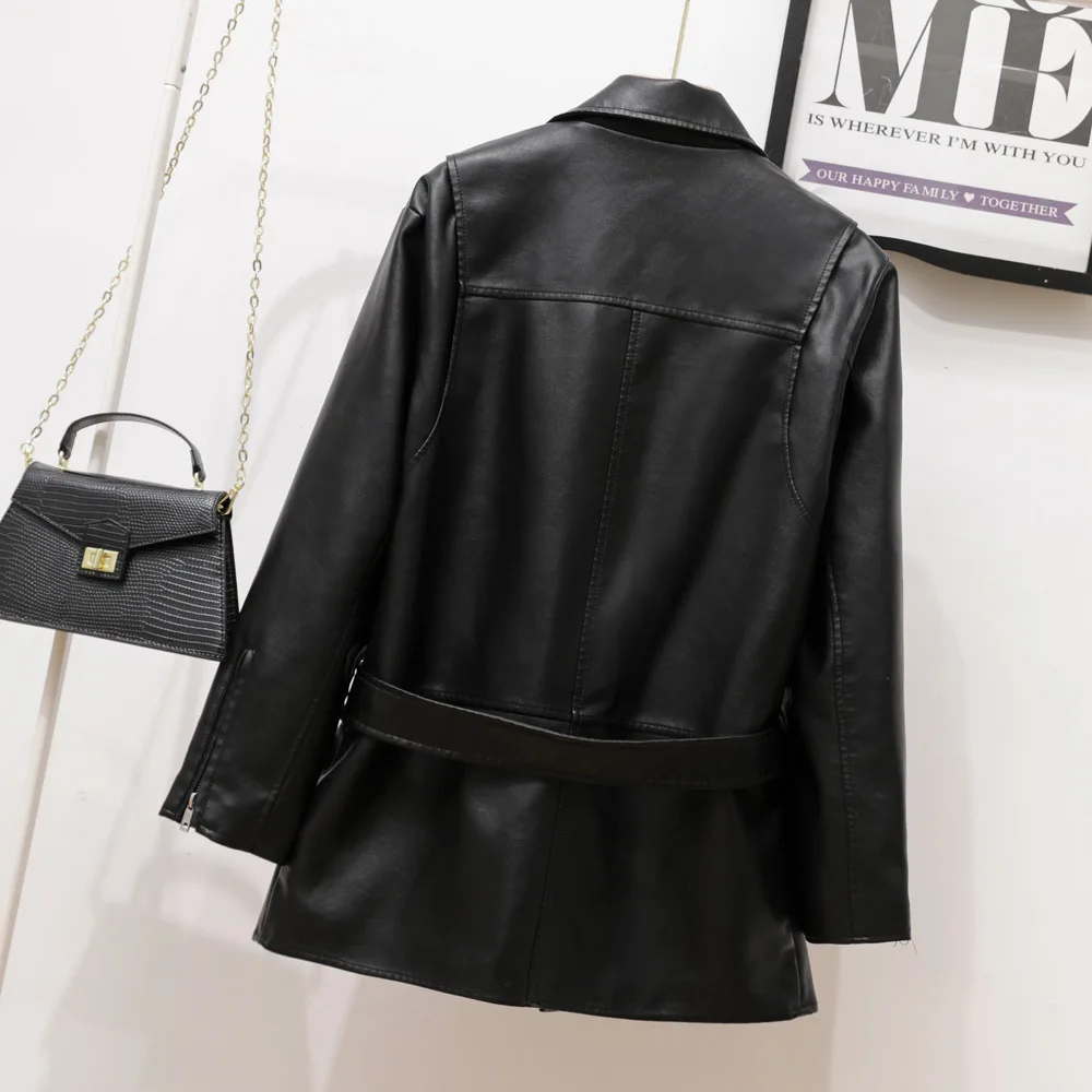 Mid-length locomotive women's leather clothes 2023 autumn new suit collar leather jacket jacket