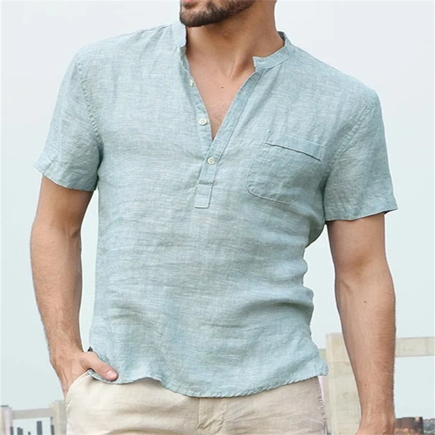 

Summer new cotton hemp short-sleeved men's T-shirt stand-up collar buckle half cardigan men's simple short-sleeved shirt