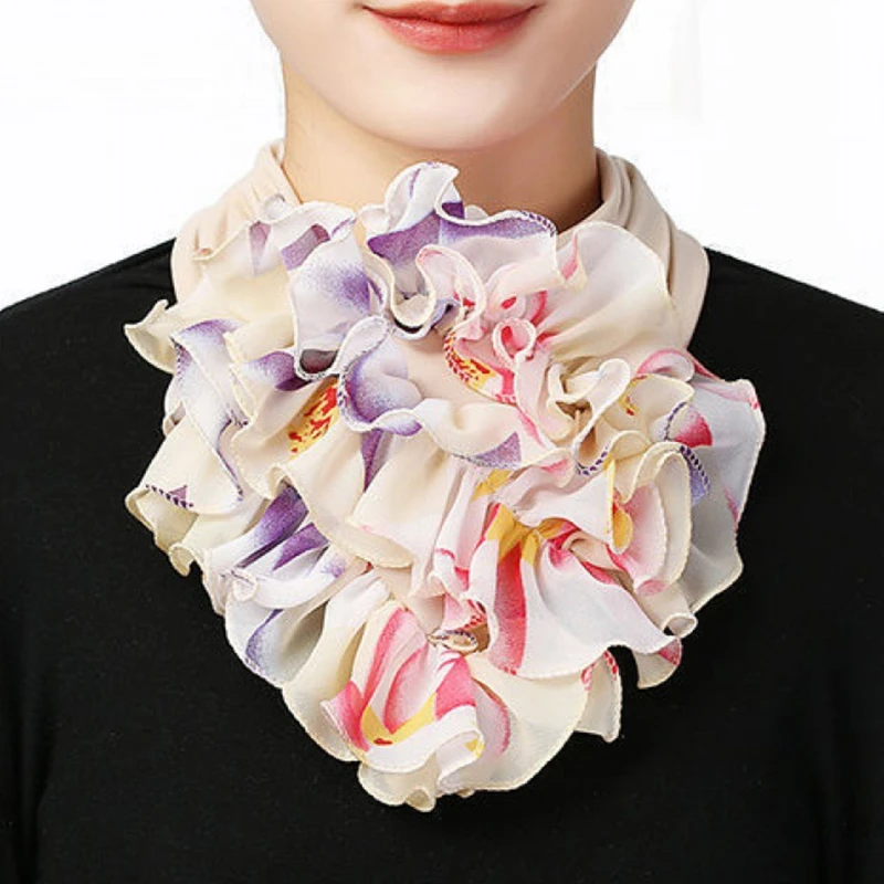 Корейский шифоновый шарф с цветочным принтом для шеи накладной воротник летний