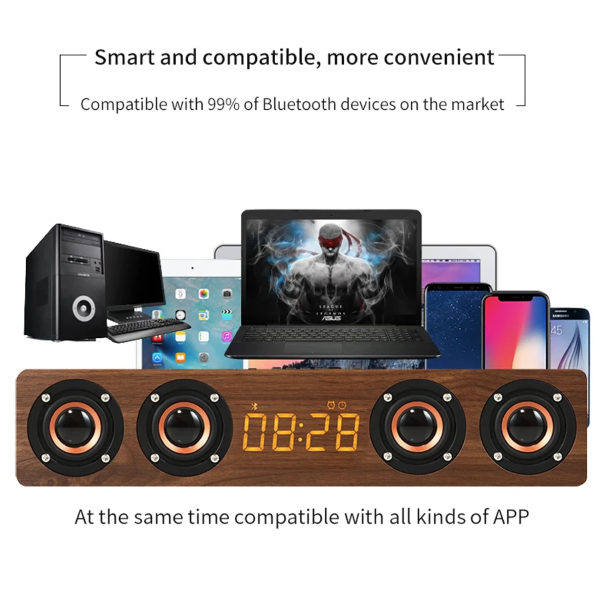 Перезаряжаемый деревянный будильник с Bluetooth-саундбар сабвуфером динамиком и