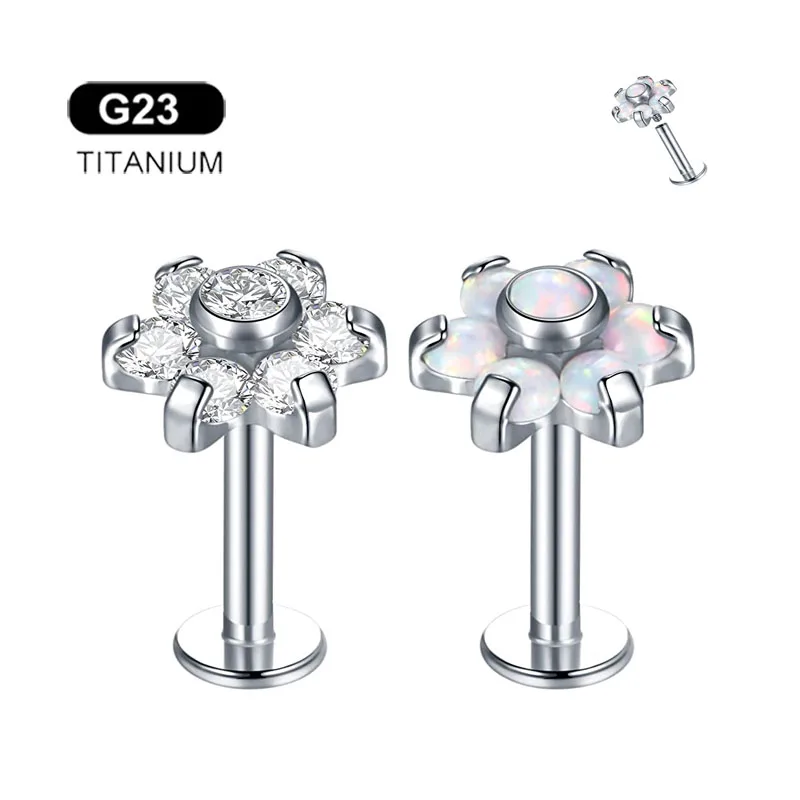 

G23 Titanium Opal Gem Labret Stud Lip Bar Ring Cubic Zircon Flower Ear Cartilage Tragus Helix Piercing Screw Fit Top 16g