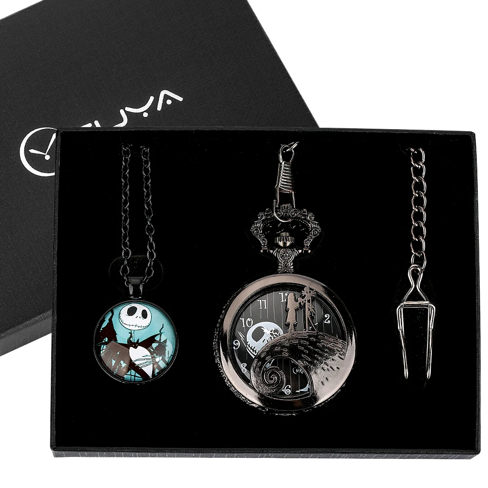 Hot Vintage Skeleton Themed Quartz Pocket Watch Gift Sets Birthday Pendant Fob Chain Pocket Clock Gifts for Men Women Kids