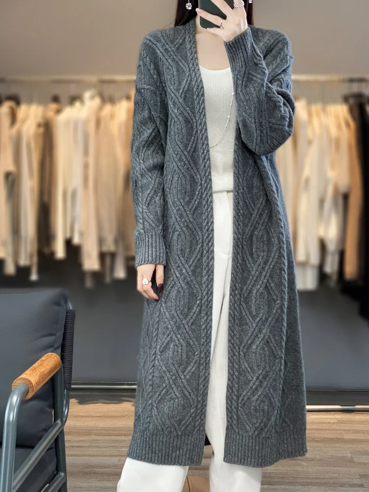 00% чистая шерсть вязаный кардиган средней длины с v-образным вырезом женский