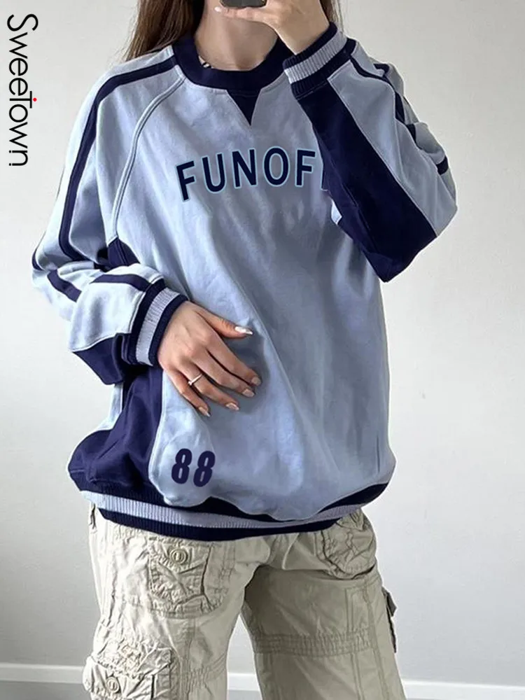 

Sweetown Vintage Preppy Style Oversized Sweatshirts Letter Contrast Pacthwork Casual Harajuku Women Pullover 2022 Autumn Winter