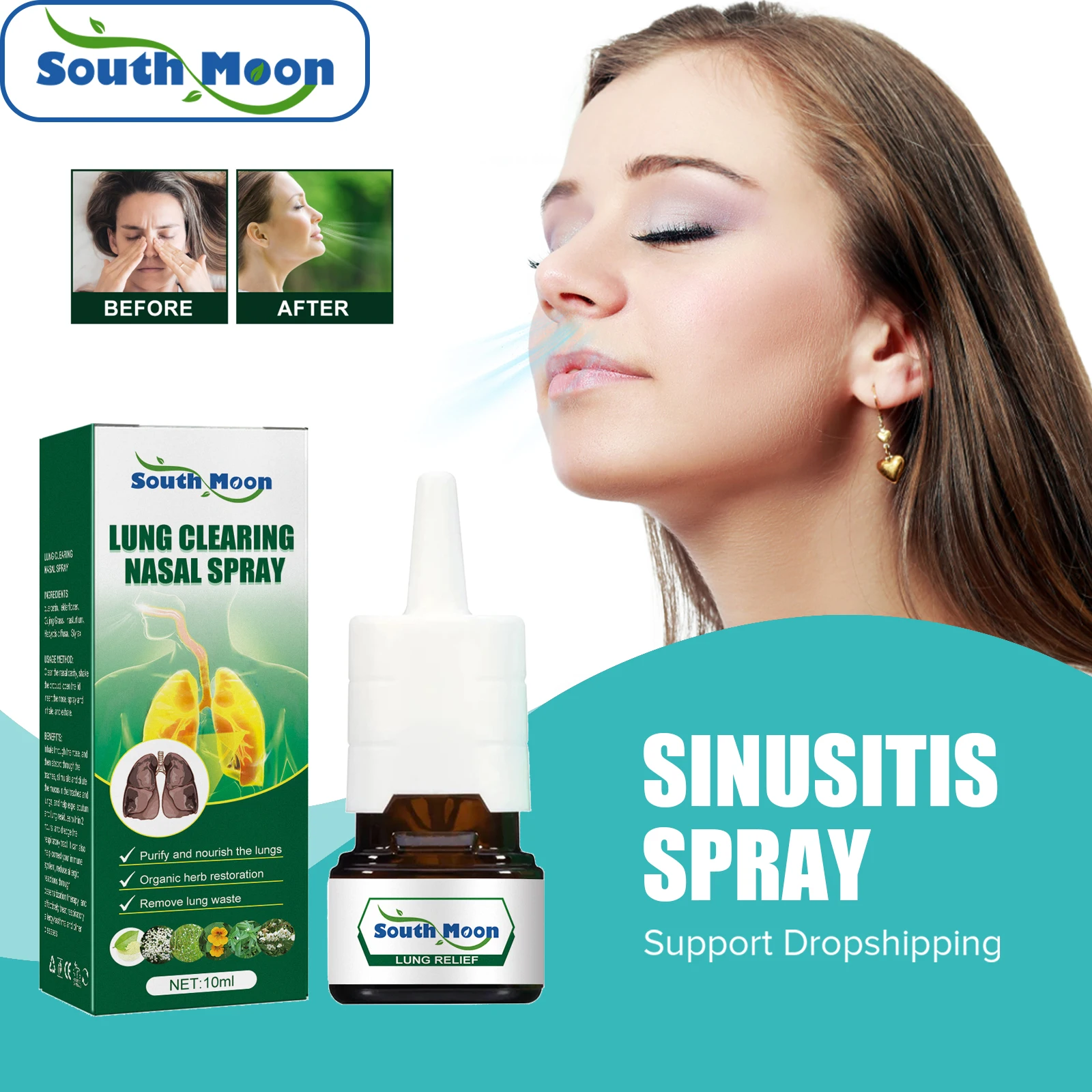 

South Moon Nasal Spray Herbal Lung Cleanse Detox Allergic Rhinitis Sinusitis Treatment Runny Nose Congestion Anti Snoring Spray