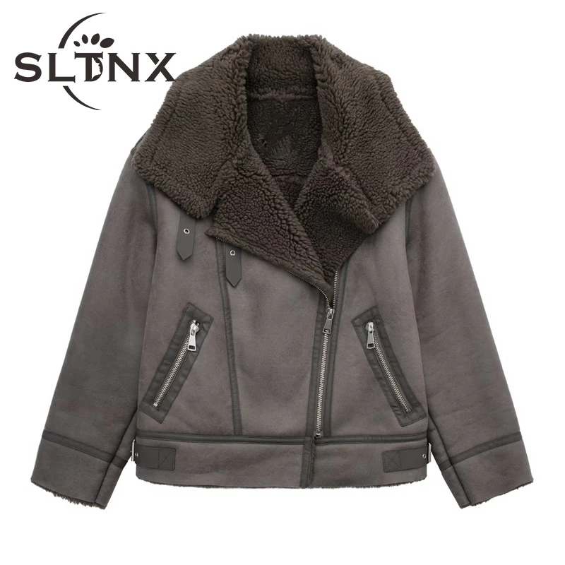 SLTNX Women Fashion Jackets Coats Thick Turn-down Collar Winter Coat Female Casual Warm Chic Jackets with Zipper Fly Outerwear