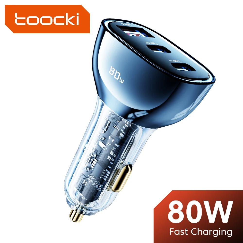 

Toocki 80W 3 Ports Car Charger USB Type C PD Fast Charge Adapter for iPhone Xiaomi Huawei Samsung QC 4.0 Transparent Car Charger