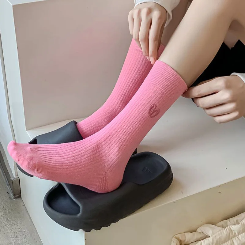 5 Pairs Korean Style Women Socks Fashion Cotton Socks Winter Embroidered Candy Color Cycling Long Socks Woman Femme Chaussettes