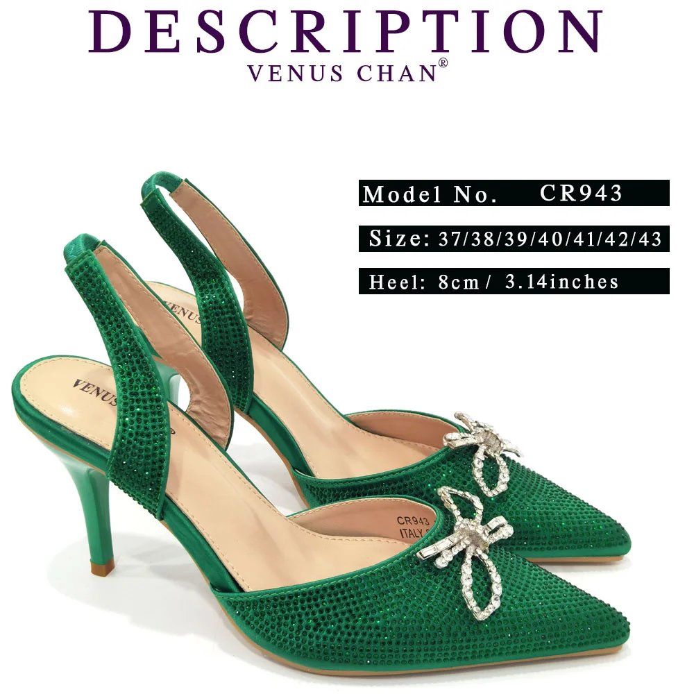 Venus Chan Latest 2023 New Green Pointed Flash Diamond Decorative High Heels Elegant And Delicate Party Ladies Shoes And Bag Set