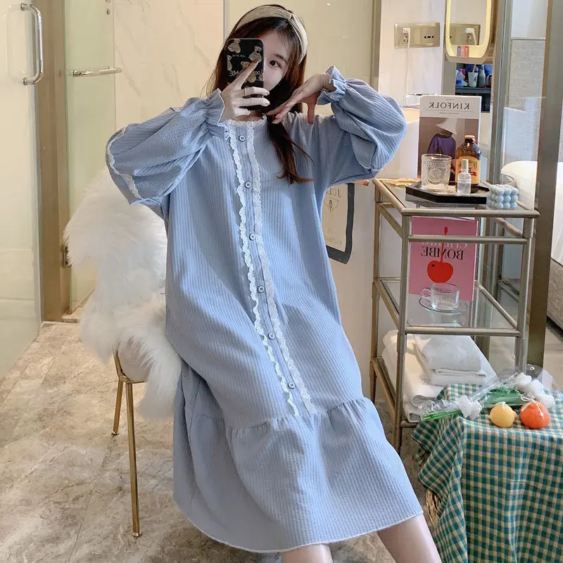 

Spring Autumn Cotton Nightdress Long Sleeve Mid Length Night Dress Homewear Home Clothes Woman Nightwear Nightgowns Women C98