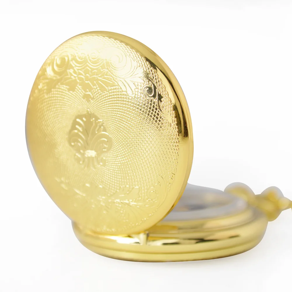 Luxury Gold Mechanical Pocket Watch for Men Women Carving Engraved Case Vintage Black Roman Numeral Dial Fob Chain Pendant Clock