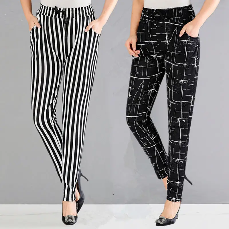 

2022 Spring Summer Middle Aged Women Harem Pants Loose High Waist Full-Length Trousers Casual Retro Print Striped Pants J14