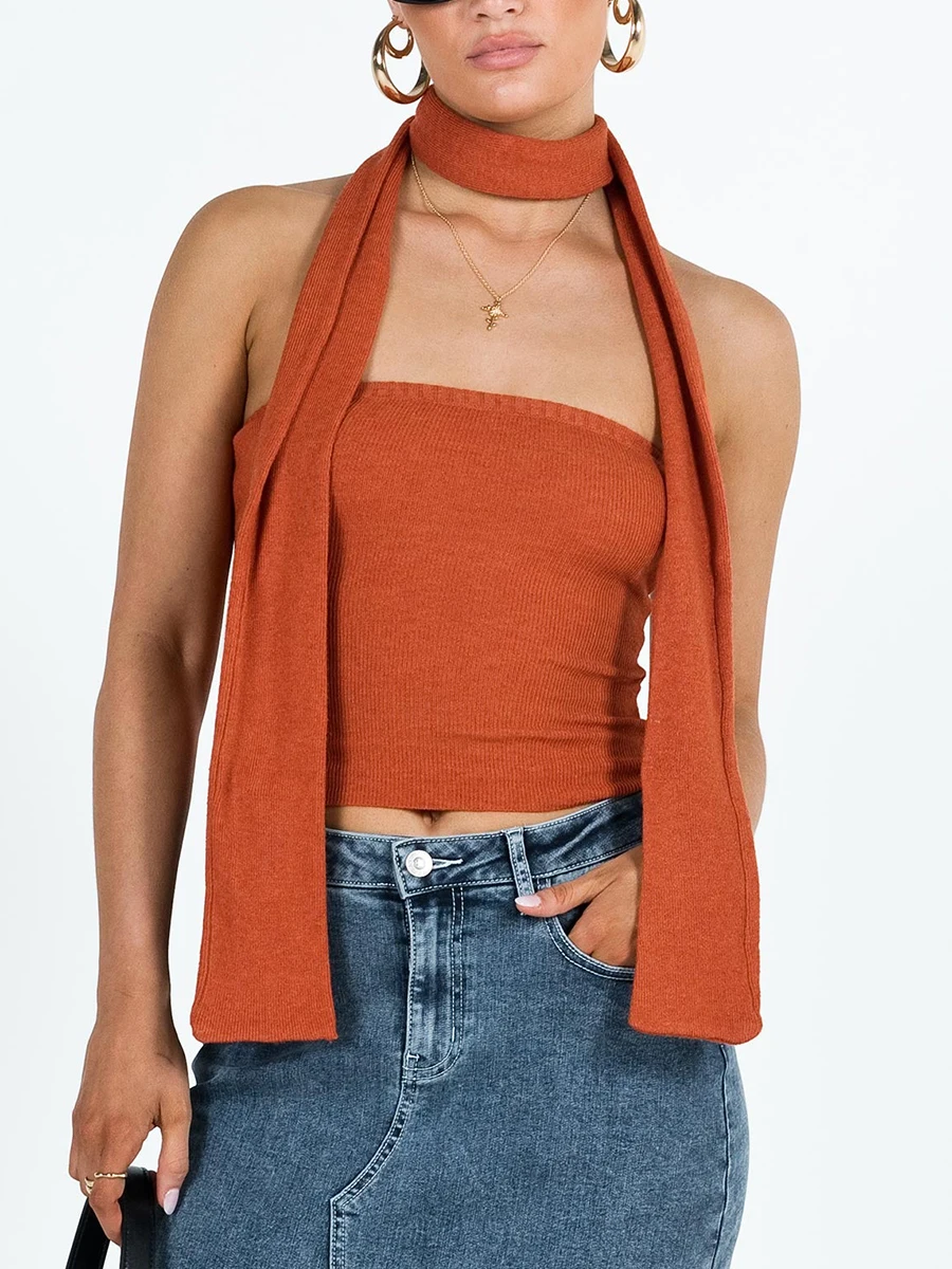 

New Fashion Womens Summer Slim Tube Tops Solid Color Strapless Sleeveless Knit Vest Slim Show Navel Tank Tops With Scarf