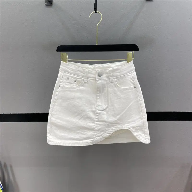 High waist bag hip denim short skirt summer 2022 new chic Korean  thin irregular a-line skirt  Casual  Solid  Cotton