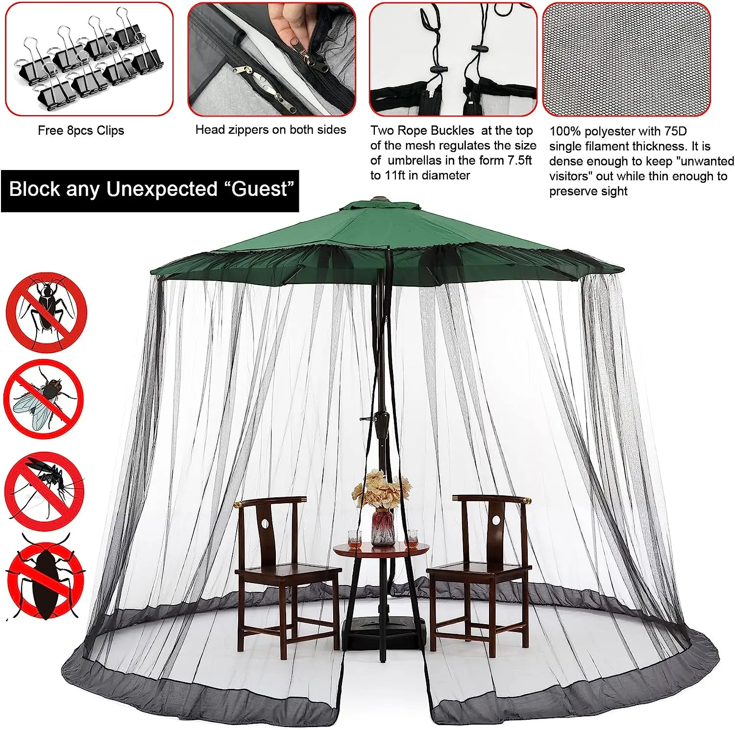 

Garden Umbrella Table Screen Parasol 300x230cm Mosquito Net Cover Patio Umbrella Screen&Zipper Sunshade Awning Mosquito Net Tent