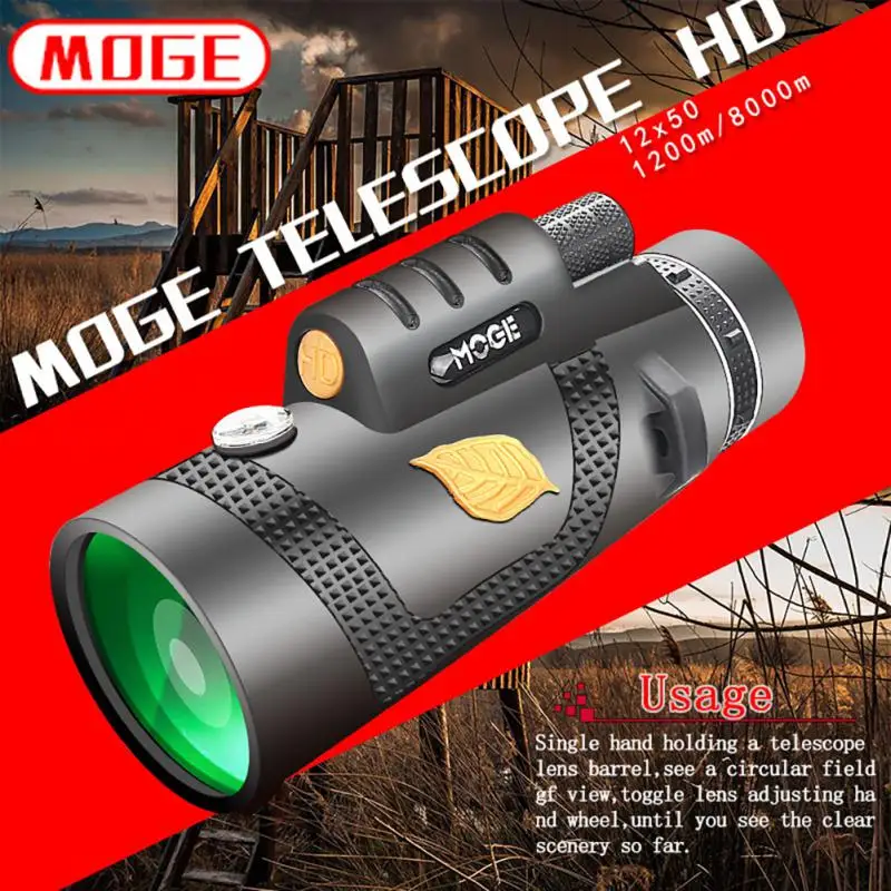 

Moge 12x50 Tripod Monocular Micro-optical Day/Night Vision For Hunting Camp BAK4 HD Powerful Telescope Cell Phone Binocular