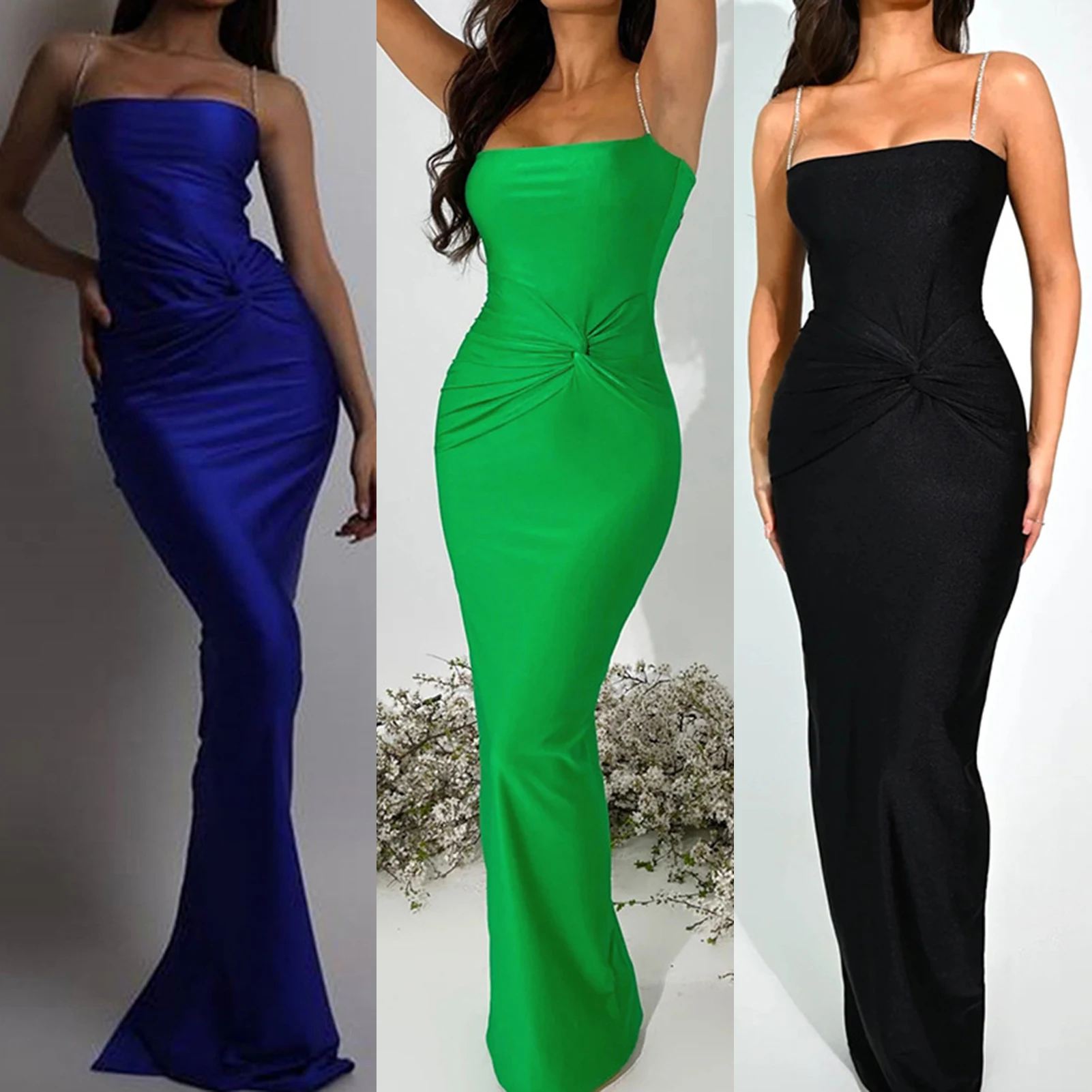 

Rhinestone Spaghetti Strap Dress Back Slit Ladies Summer Satin Dress Slim Fit Solid Color Sexy Style Cocktail Party Clothing